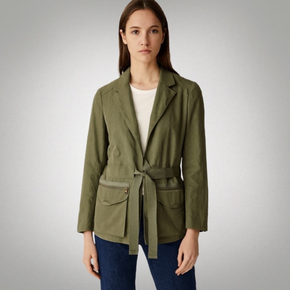 Tahari Womens Mulitary Green Jacket  Size 6 Tie Waist Cargo Pockets New